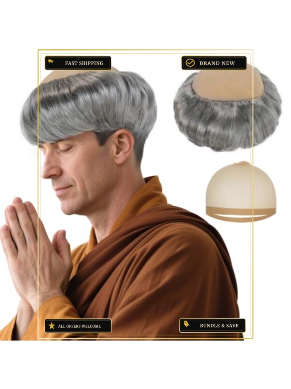Short Monk Wig Synthetic Fiber Bald Cap Cosplay Halloween Costume Adult